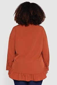 Womens Plus Size Flounce Hem Button Front Shirt, Orange, Size 1X