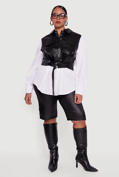Womens Plus Size Faux Leather Belted Layered Snap Button Front Shirt, Multi, Size 2X