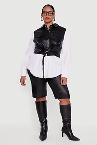 Womens Plus Size Faux Leather Belted Layered Snap Button Front Shirt, Multi, Size 2X