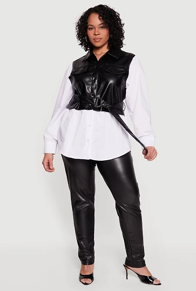 Plus Faux Leather Belted Layered Snap Button Front Shirt