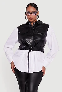 Womens Plus Size Faux Leather Belted Layered Snap Button Front Shirt, Multi, Size 2X