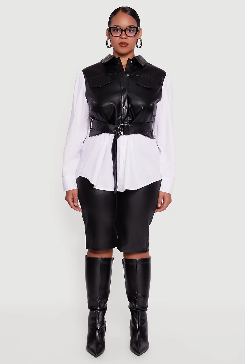 Womens Plus Size Faux Leather Belted Layered Snap Button Front Shirt, Multi, Size 2X