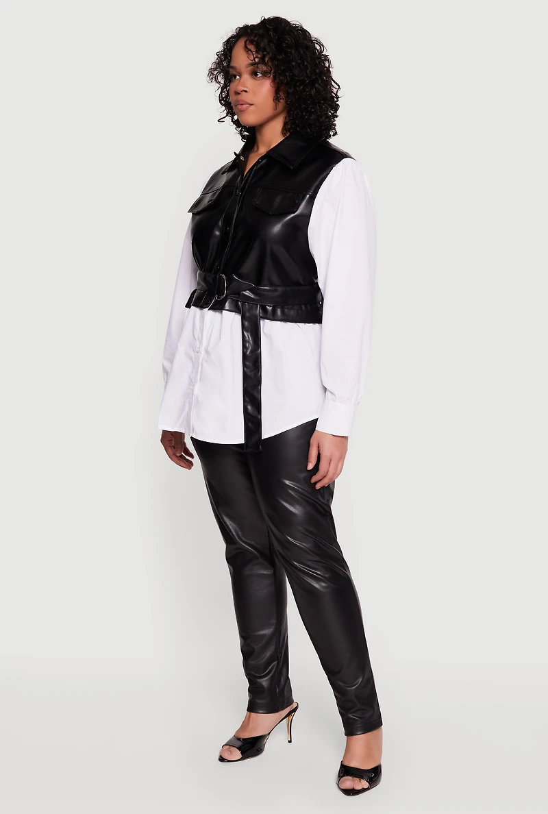Plus Faux Leather Belted Layered Snap Button Front Shirt
