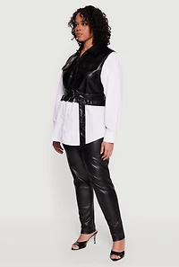 Plus Faux Leather Belted Layered Snap Button Front Shirt