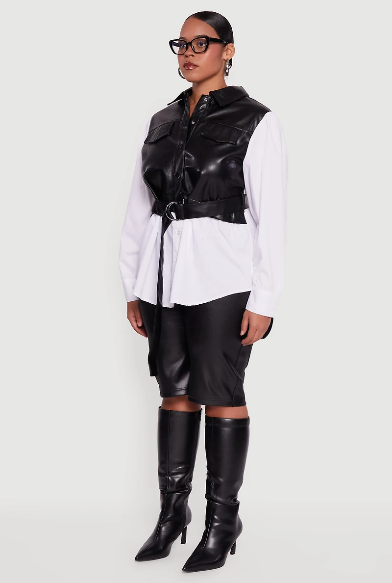 Womens Plus Size Faux Leather Belted Layered Snap Button Front Shirt, Multi, Size 2X