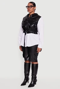 Womens Plus Size Faux Leather Belted Layered Snap Button Front Shirt, Multi, Size 2X