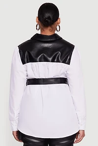 Womens Plus Size Faux Leather Belted Layered Snap Button Front Shirt, Multi, Size 2X