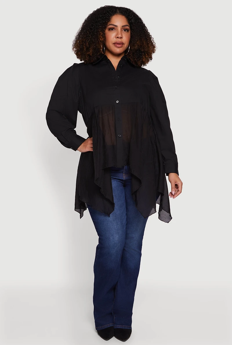 Plus Poplin Sharkbite Hem Button Front Shirt