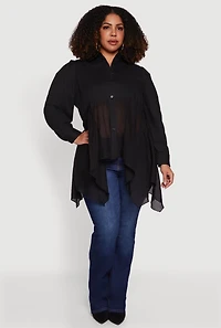 Plus Poplin Sharkbite Hem Button Front Shirt