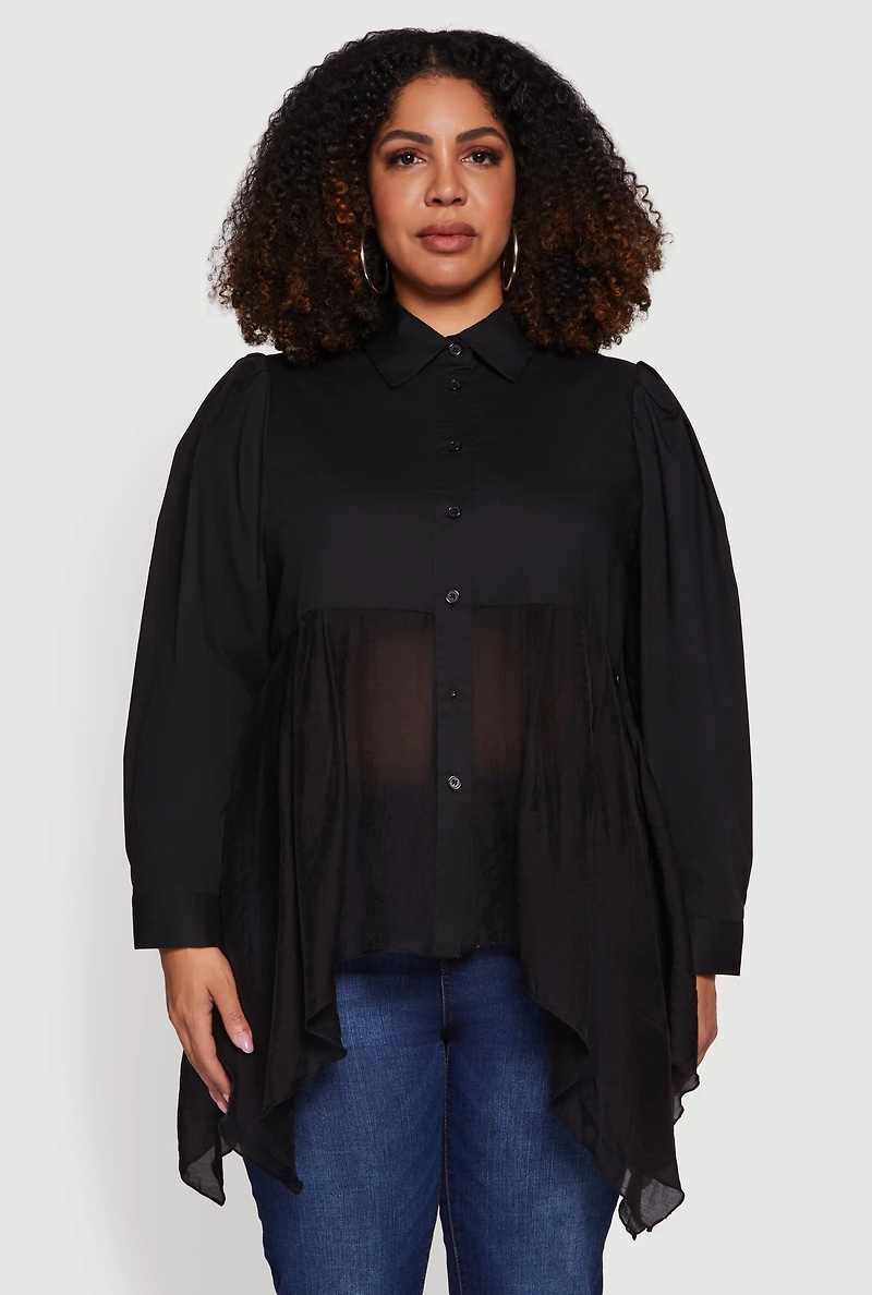Plus Poplin Sharkbite Hem Button Front Shirt