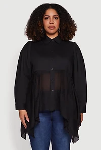 Plus Poplin Sharkbite Hem Button Front Shirt