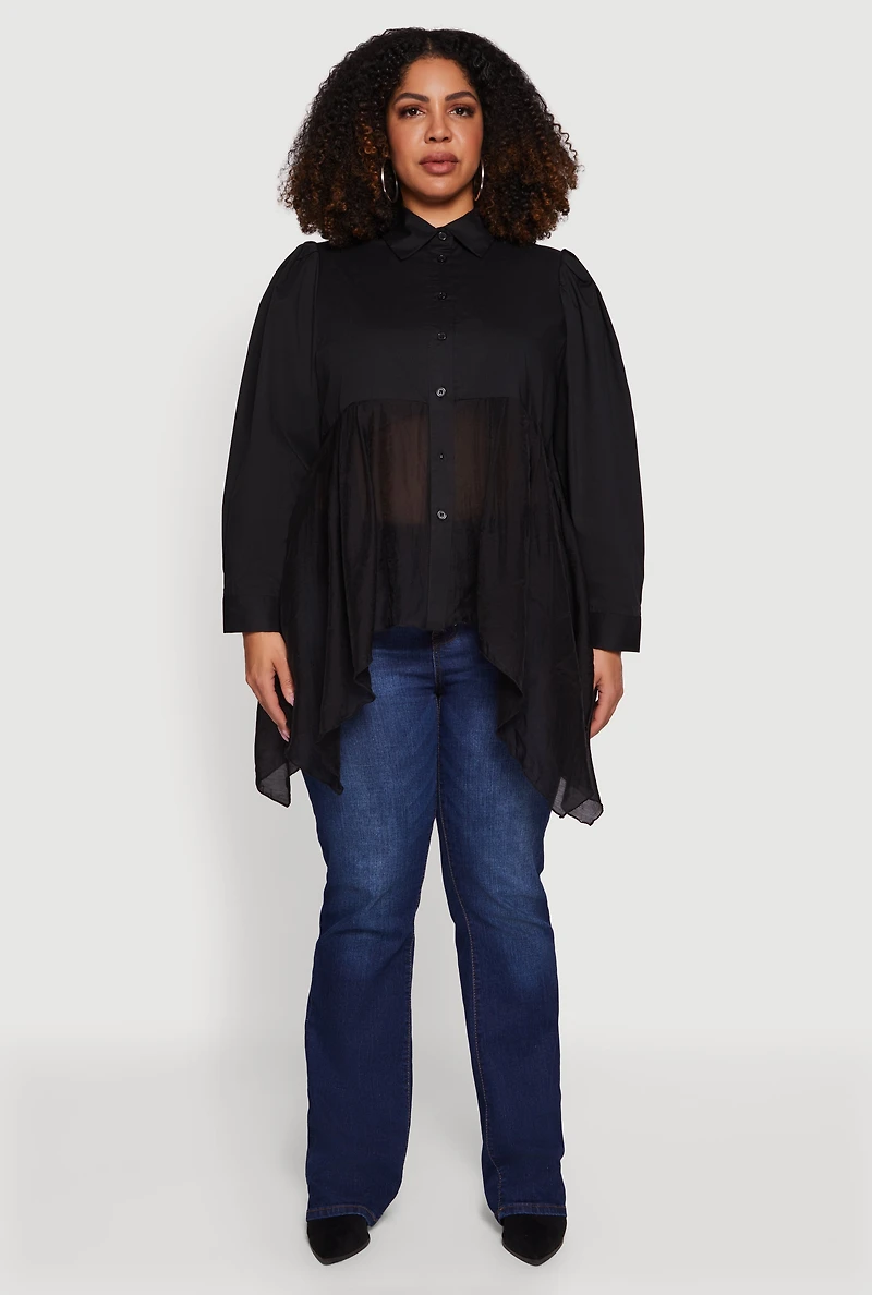 Plus Poplin Sharkbite Hem Button Front Shirt