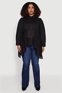 Plus Poplin Sharkbite Hem Button Front Shirt