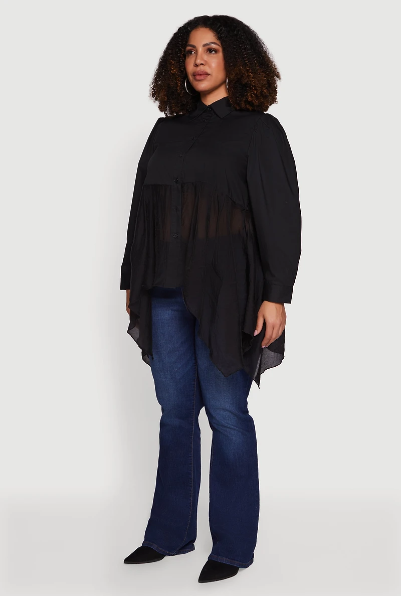 Plus Poplin Sharkbite Hem Button Front Shirt