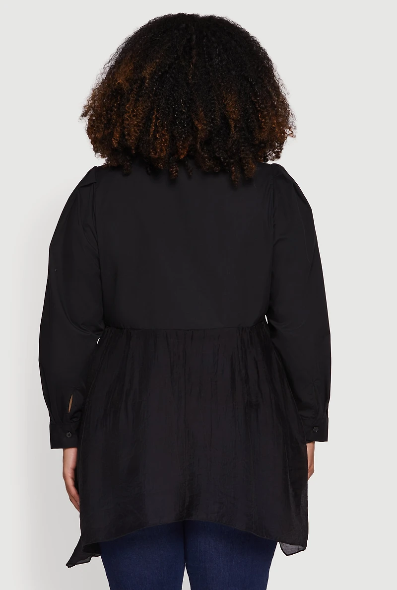 Plus Poplin Sharkbite Hem Button Front Shirt