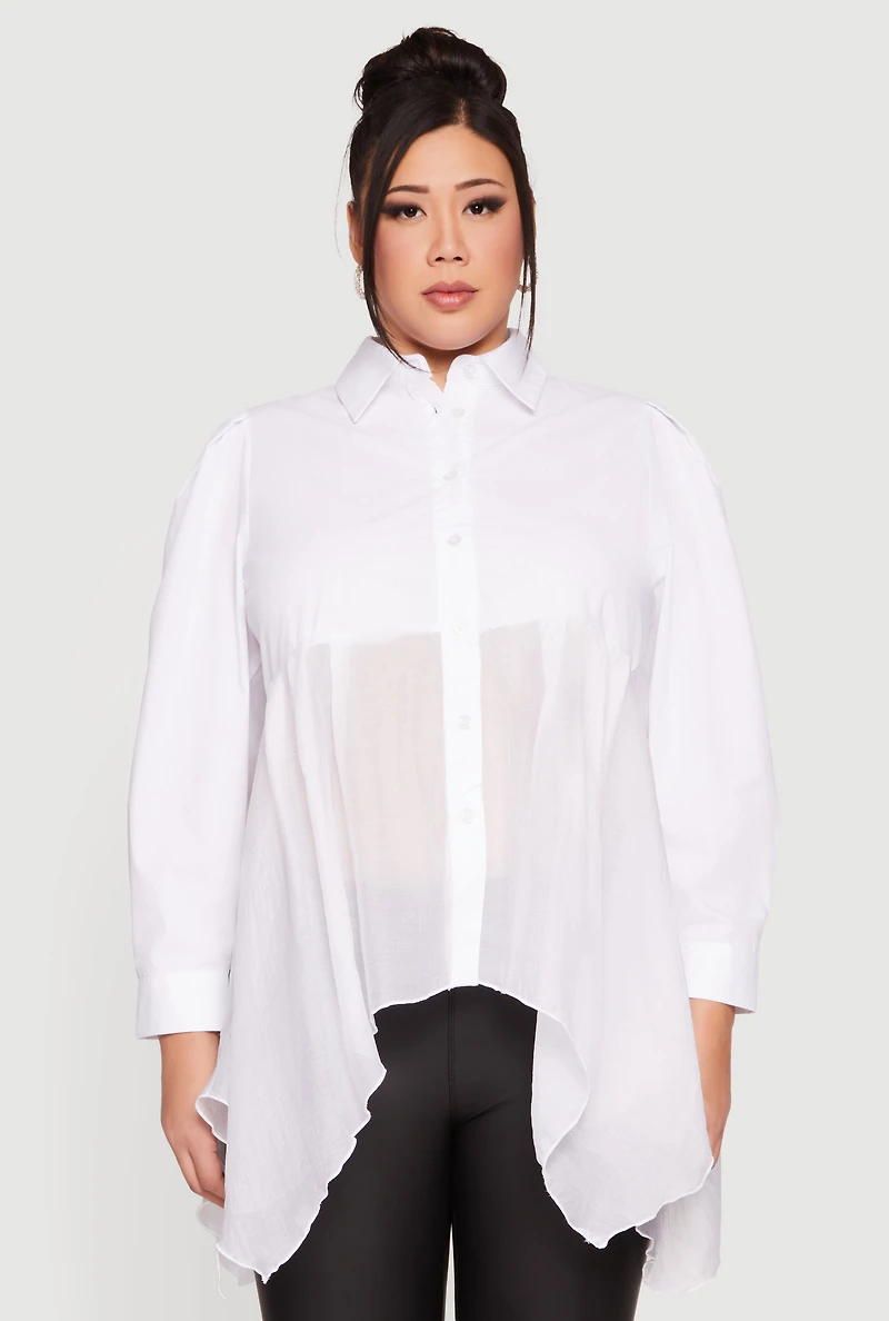 Plus Poplin Sharkbite Hem Button Front Shirt