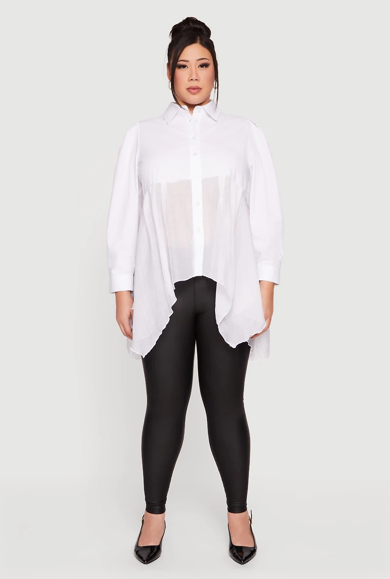 Plus Poplin Sharkbite Hem Button Front Shirt