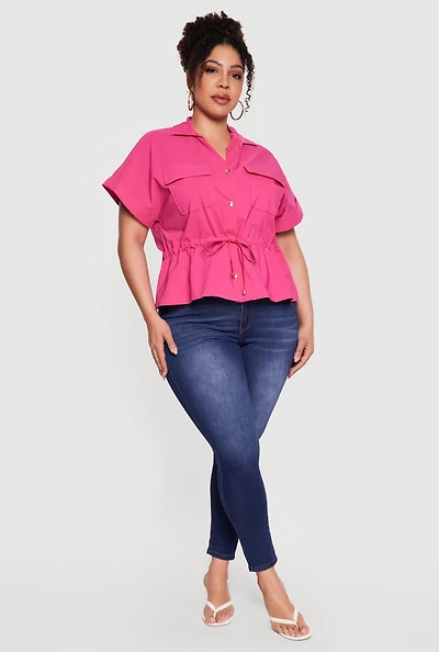 Plus Drawstring Waist Button Front Shirt
