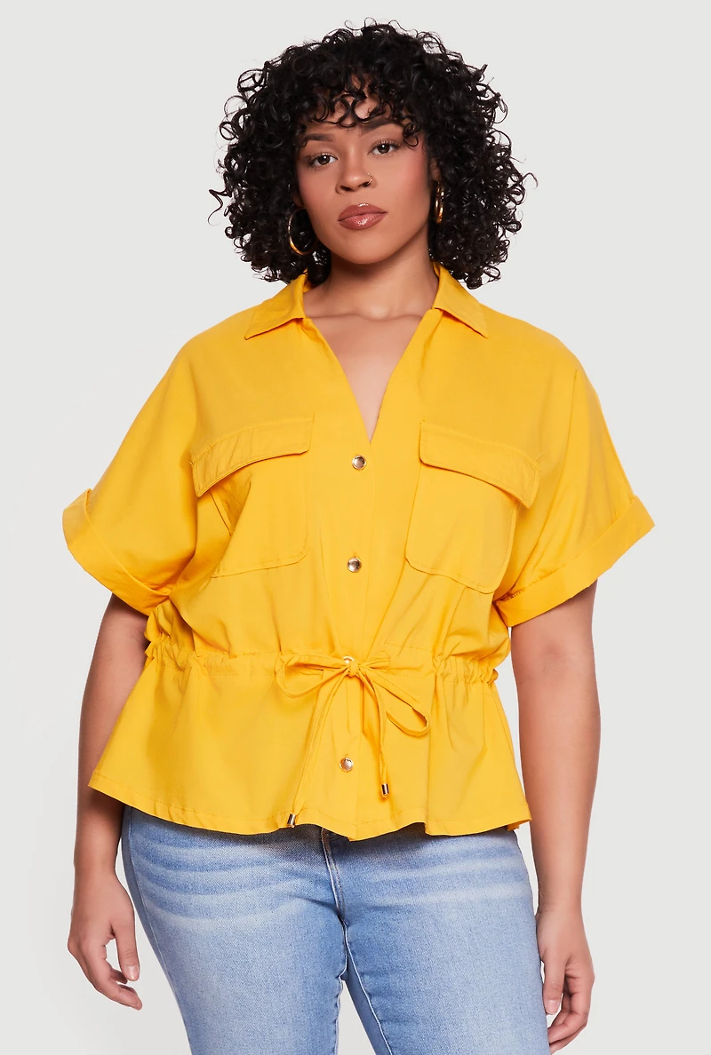 Plus Drawstring Waist Button Front Shirt