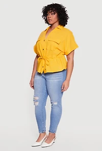 Plus Drawstring Waist Button Front Shirt
