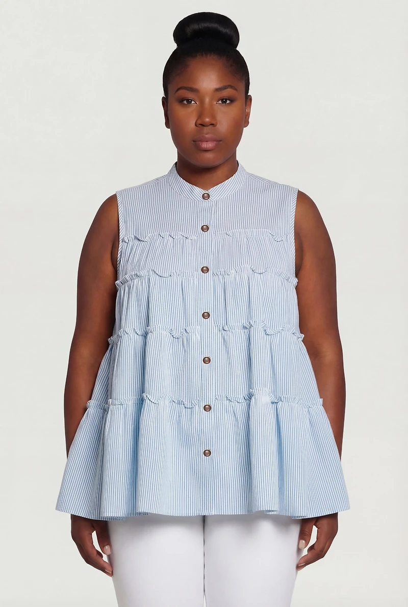 Plus Pinstripe Button Front Tiered Peplum Top
