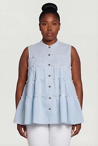 Plus Pinstripe Button Front Tiered Peplum Top