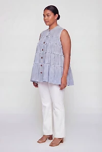 Plus Pinstripe Button Front Tiered Peplum Top