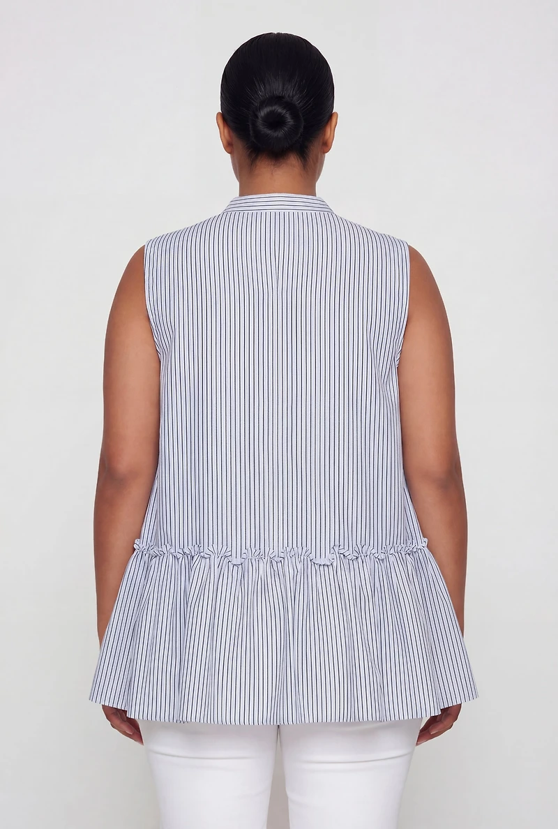 Plus Pinstripe Button Front Tiered Peplum Top