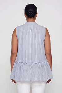 Plus Pinstripe Button Front Tiered Peplum Top