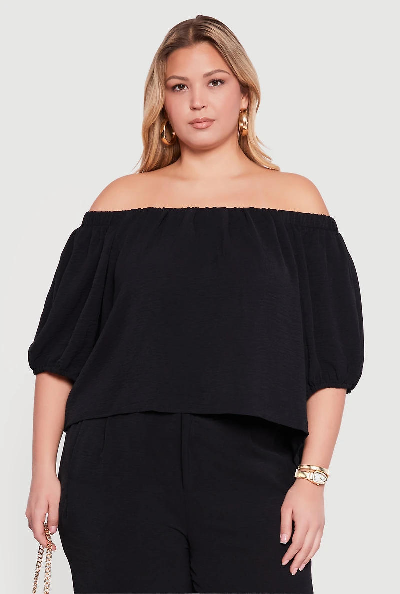 Womens Plus Off Shoulder Puff Sleeve Crepe Knit Blouse,