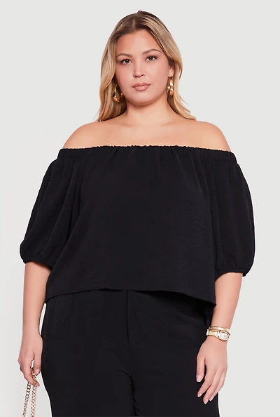 Plus Off Shoulder Puff Sleeve Crepe Knit Blouse