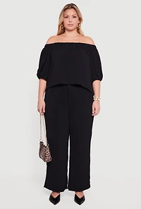 Womens Plus Off Shoulder Puff Sleeve Crepe Knit Blouse,