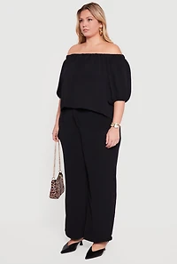 Plus Off Shoulder Puff Sleeve Crepe Knit Blouse