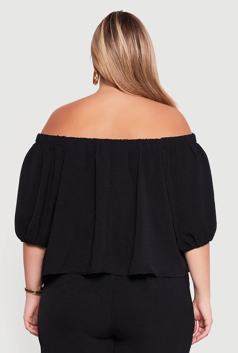 Plus Off Shoulder Puff Sleeve Crepe Knit Blouse