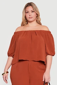 Womens Plus Size Off Shoulder Puff Sleeve Crepe Knit Blouse, Orange, Size 3X