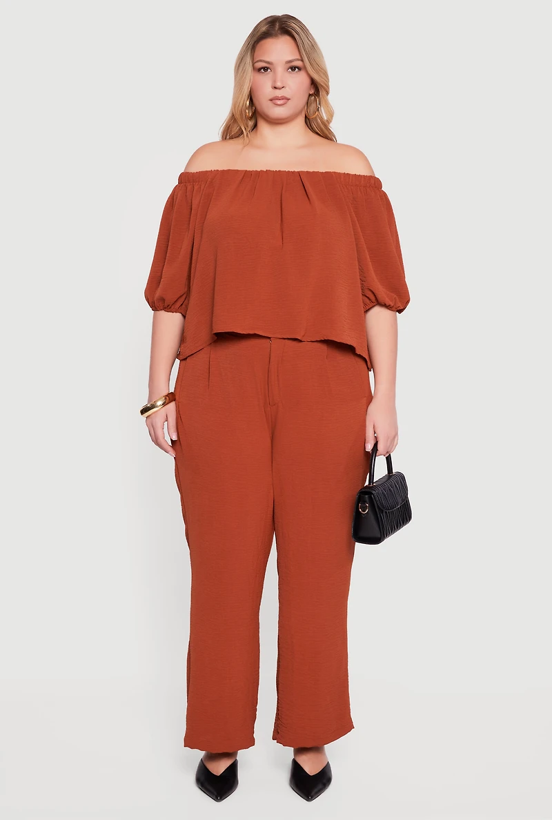 Womens Plus Size Off Shoulder Puff Sleeve Crepe Knit Blouse, Orange, Size 3X