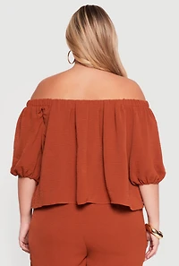 Womens Plus Size Off Shoulder Puff Sleeve Crepe Knit Blouse, Orange, Size 3X