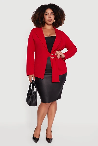Womens Plus Size Crepe Knit Belted Blazer, Red, Size 2X