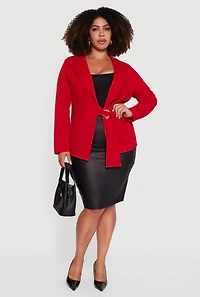 Womens Plus Size Crepe Knit Belted Blazer, Red, Size 2X