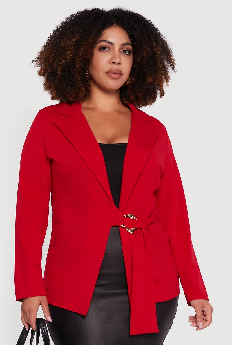 Womens Plus Size Crepe Knit Belted Blazer, Red, Size 2X