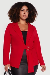 Womens Plus Size Crepe Knit Belted Blazer, Red, Size 2X
