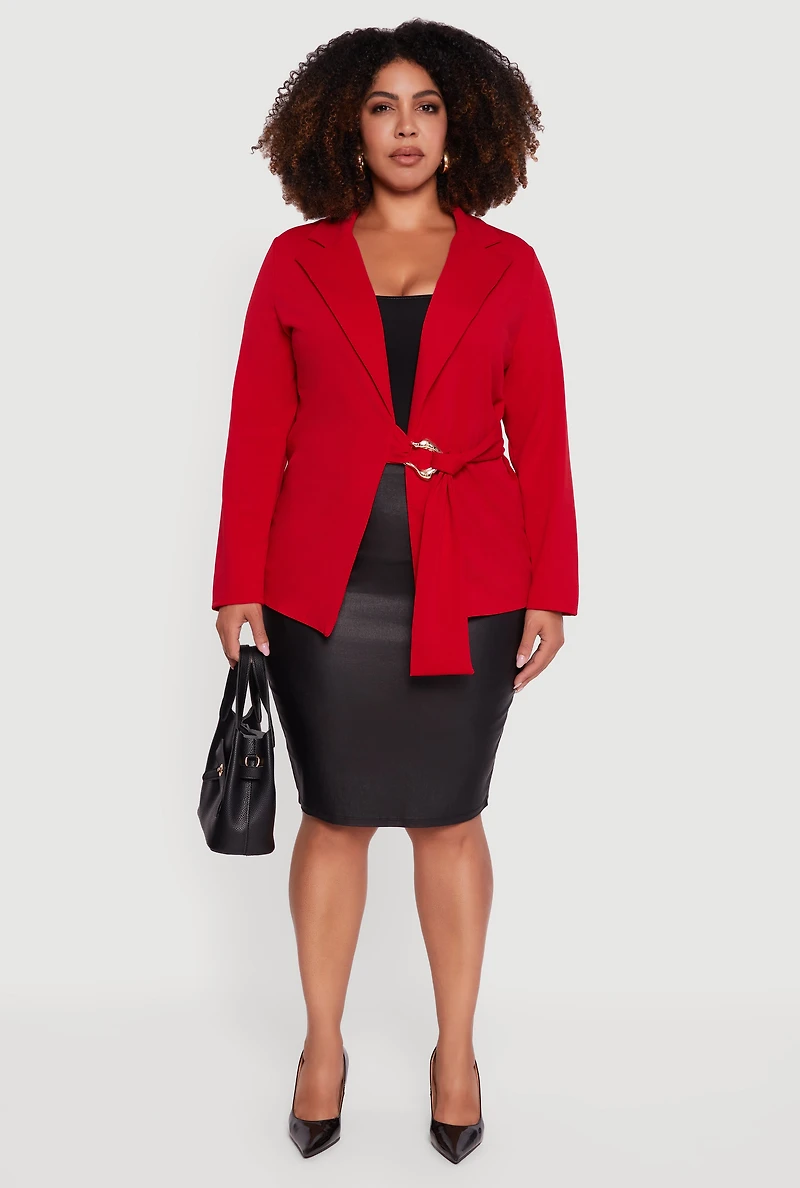 Womens Plus Size Crepe Knit Belted Blazer, Red, Size 2X