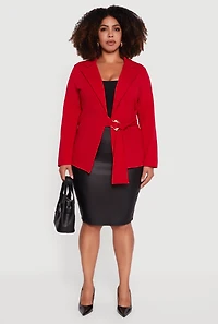 Womens Plus Size Crepe Knit Belted Blazer, Red, Size 2X