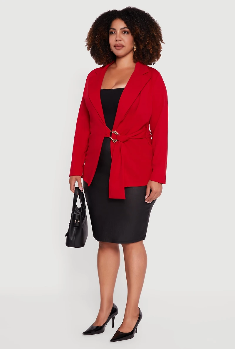 Womens Plus Size Crepe Knit Belted Blazer, Red, Size 2X