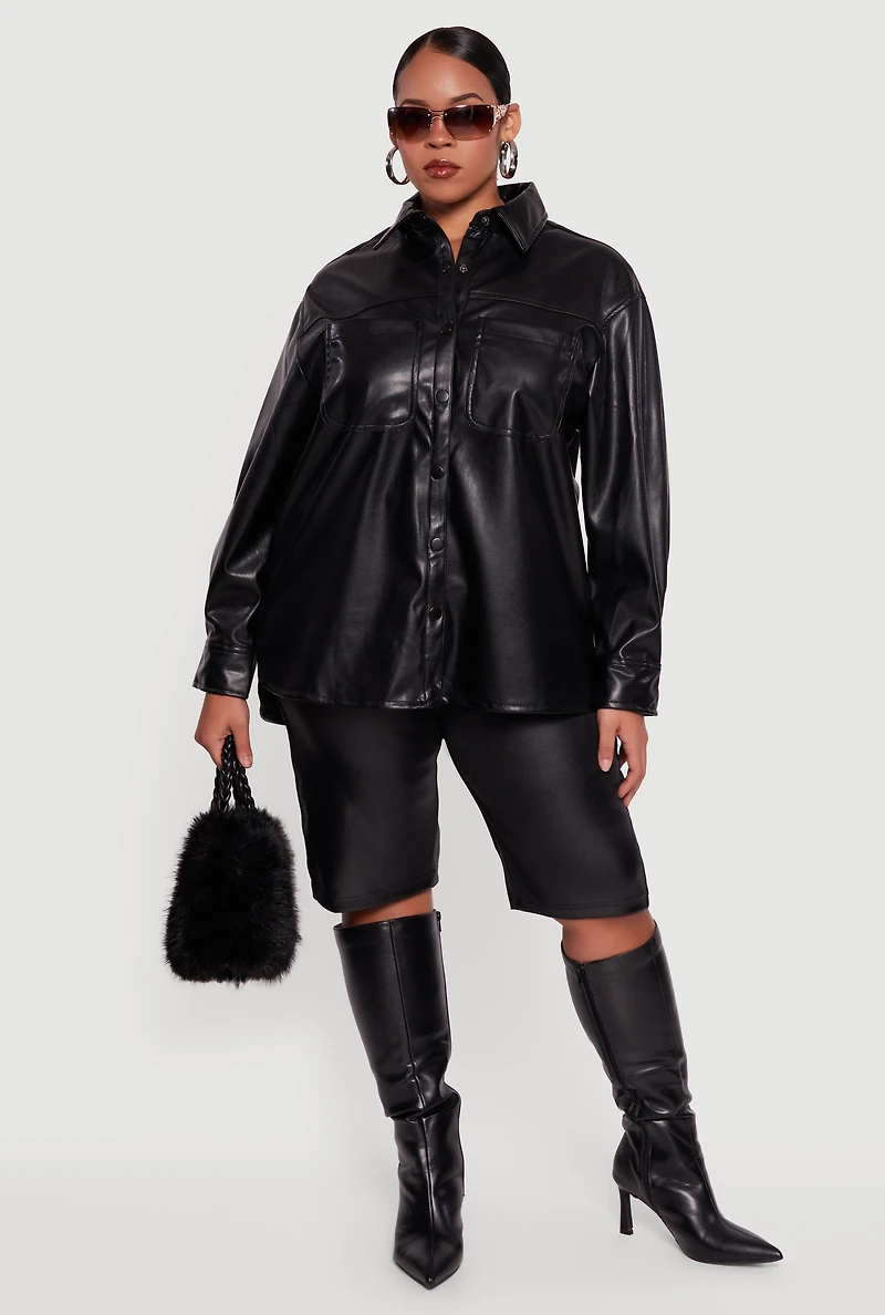 Womens Plus Faux Leather Snap Button Front Shacket,