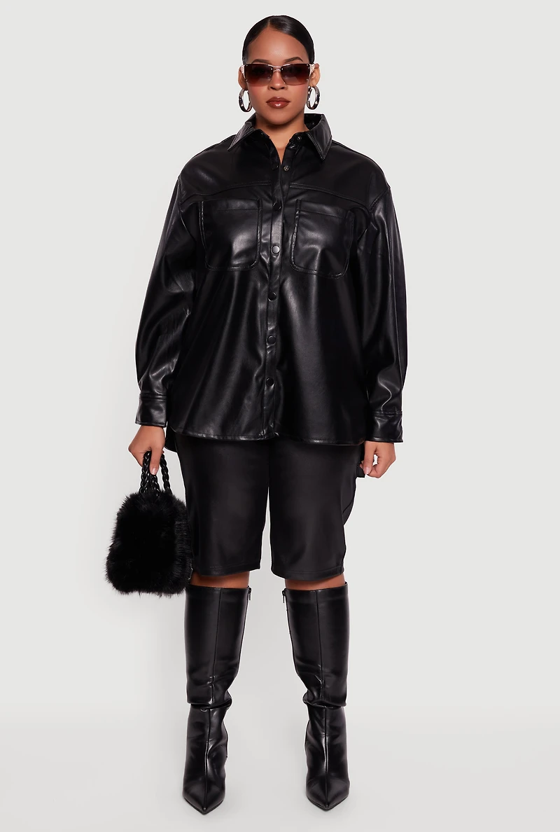 Womens Plus Faux Leather Snap Button Front Shacket,