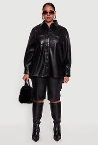 Womens Plus Faux Leather Snap Button Front Shacket,