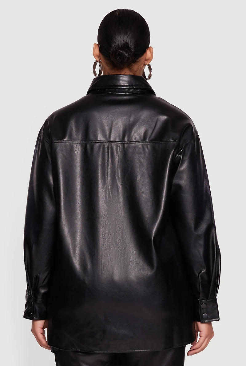 Womens Plus Faux Leather Snap Button Front Shacket,