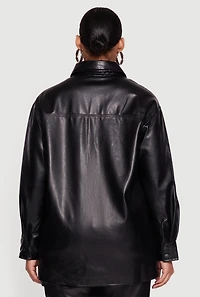 Womens Plus Faux Leather Snap Button Front Shacket,