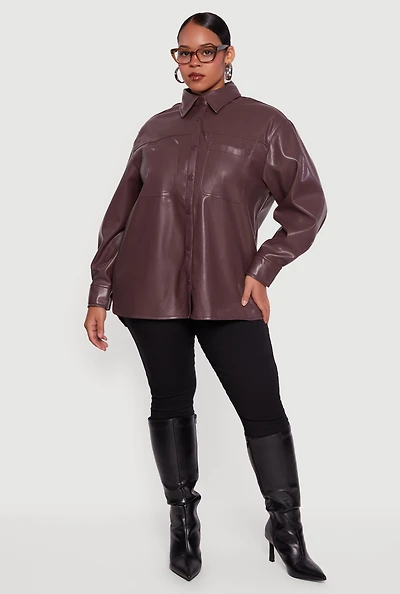 Plus Faux Leather Snap Button Front Shacket